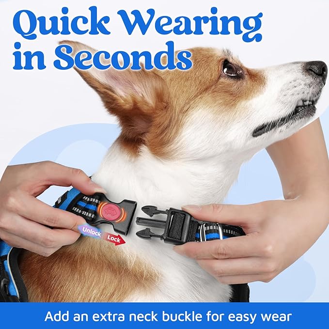rabbitgoo Dog Harness for Large Dogs, No Pull Pet Vest with 3 Buckles, Adjustable Soft Padded Pet Harness with Easy Control Handle and Reflective Strips, Blue, L