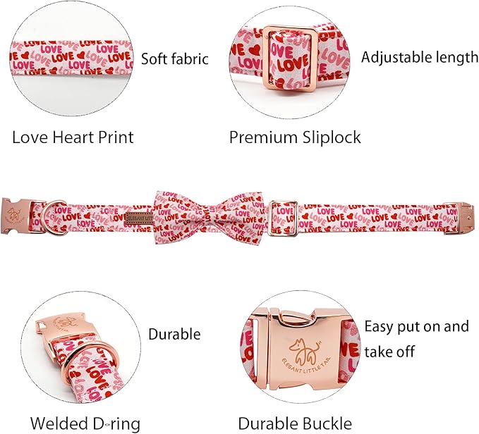 Elegant little tail Valentine's Dog Collar, Heart Dog Collar Cute Girl or Boy Puppy Collars Bowtie Pet Gift Adjustable Pet Collars for Large Dogs