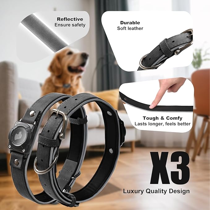 Leather AirTag Dog Collar - IPX8 Waterproof Dog Collar with AirTag Holder|Reflective, High - End, Adjustable Soft Padded |Dog GPS Collar Tracker Fit for Medium Large Dogs (Black, L)