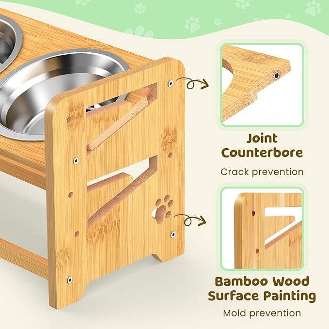 Elevated Dog Bowls, Adjustable Raised Dog Bowl Stand for Medium and Small Pet, 11" High Bamboo Pet Food Feeder with 2 Stainless Steel Dishes（4 Height）