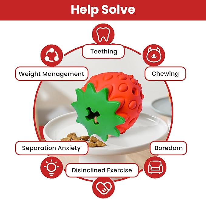 Dog Puzzle Toy, Interactive Dog Treat Dispenser, Soft Rubber Toys for Aggressive Chewers, Enrichment Toys for Teething, Strawberry