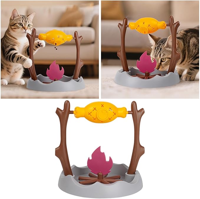 Cat Treat Dispenser, Pets Dry Foods Dispenser, Cats Campfire Treat Slow Feeder, Unique Rotatable Roast and Flame, Interactive Slow Food Puzzle Feeder for Indoor Cats and Dogs