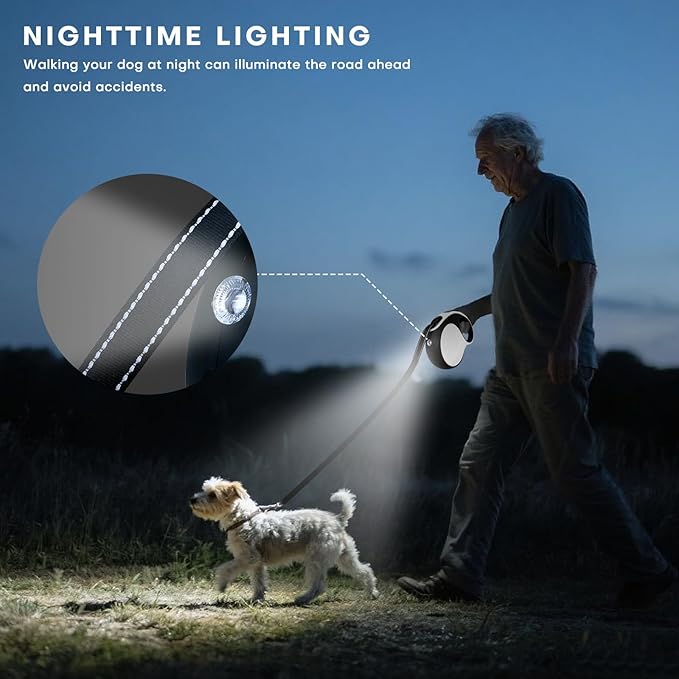 Retractable Dog Leash with LED Light Rechargeable,16Ft Heavy Duty Dog Leash for Medium Large Dogs up to 110lbs,360°No Tangle,One-Handed Brake,Pause,Lock(White)