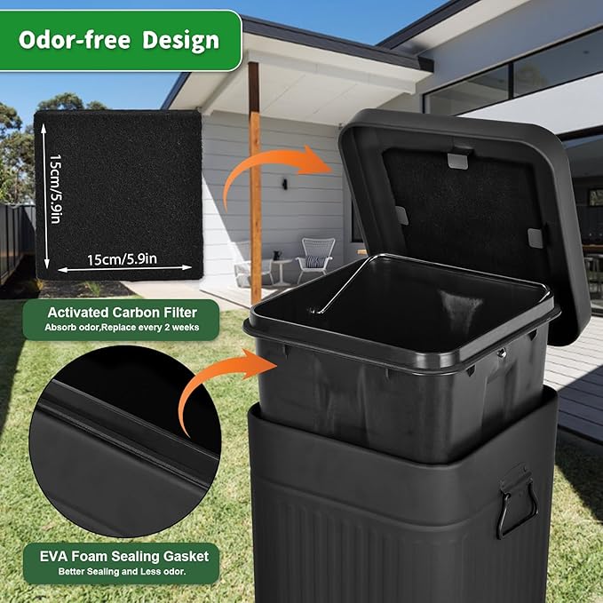 Dog Poop Trash Can with Lid for Outdoors，3.2 Gallon Trash Can with Activated Carbon Filter & Plastic Bags, Pet Waste Container，UP12L-BK-F+90BK