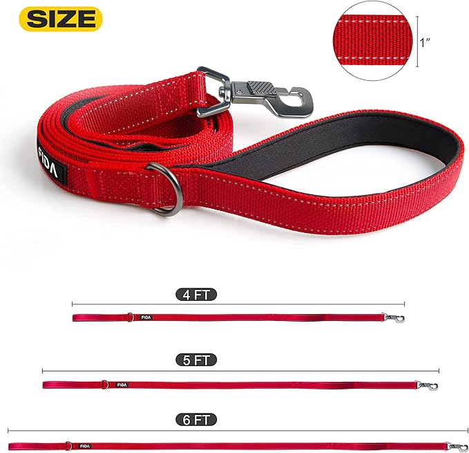 Fida 6 FT Heavy Duty Dog Leash with 2 Comfortable Padded Handles, Traffic Handle & Advanced Easy Snap Hook, Reflective Walking Lead for Large, Medium & Small Breed, Red