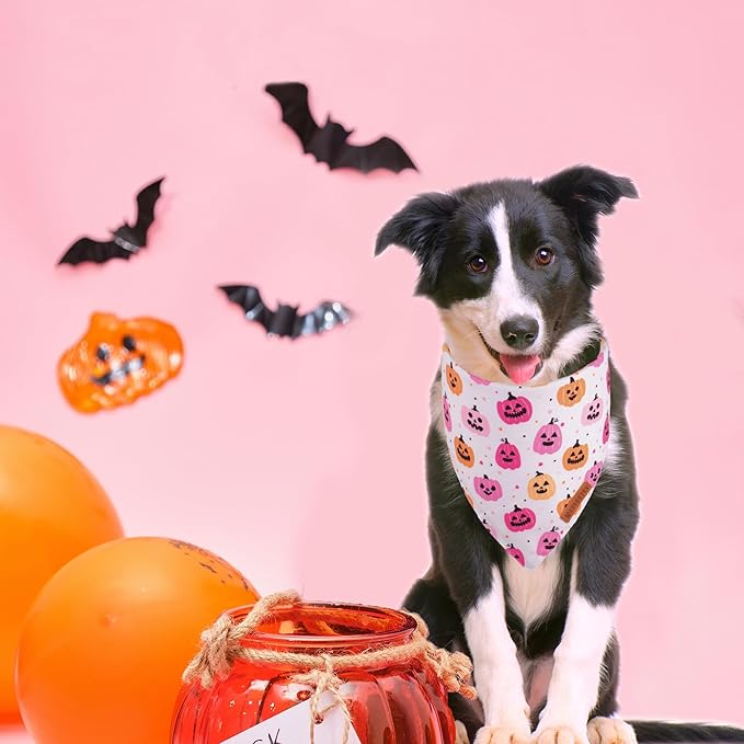ADOGGYGO Halloween Dog Bandana, Pink Pumpkin Ghost Pet Scarf, Premium Durable Fabric, Adjustable Fit Female Halloween Bandanas for Medium Large Dogs Pets (Large)