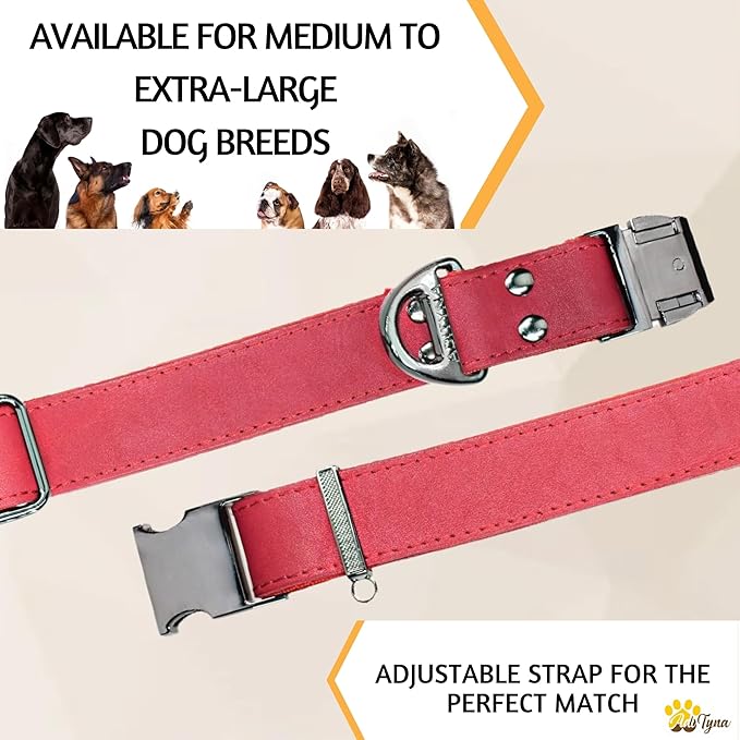 ADITYNA - Leather Dog Collar with Metal Buckle for Large, and Extra Large Dogs - Heavy-Duty, Adjustable, and Leather Tactical Dog Collar (Red, Fits 19-30" Necks)