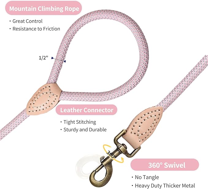 Mile High Life Dog Rope Leash 6 FT with Genuine Leather Tip, Reflective Rope Leash for Medium Large Dogs (Pink, 72 Inch)