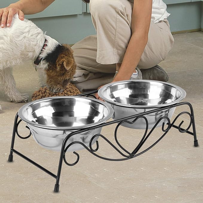 Elevated Dog Bowls, Double Stainless Steel Pet Feeder with Iron Stand for Small and Medium Dogs & Cats, Raised Food and Water Bowls for Better Digestion and Comfort