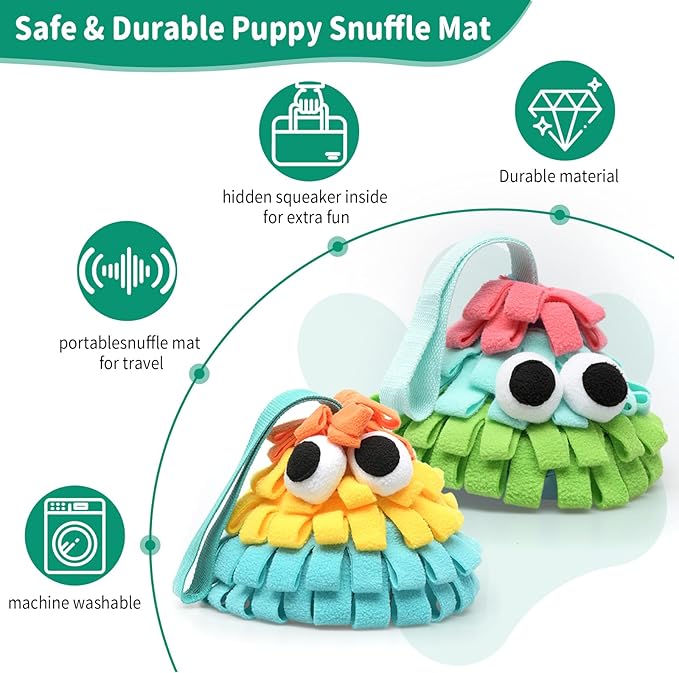 Squeaky Dog Snuffle Toy, Interactive Hide and Seek Food Puzzle for Boredom Relief, Slow Eating & Mental Enrichment, Monster Snuffle Ball for Small Dogs(Orange-Yellow-Blue)