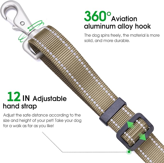 Hands-Free Dog Leash, Heavy Duty No-Pull Training Lead w/Anti-Tangle, Double Padded Traffic Handles Adjustable 4-4.6FT & Reflective Thread for Medium Large Dogs for Running/Walking Khaki