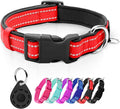 azuza Reflective Dog Collar with Airtag Holder, Soft Neoprene Padded Pet Collar with ID Tag Ring, Adjustable for Large Dogs,Red,L