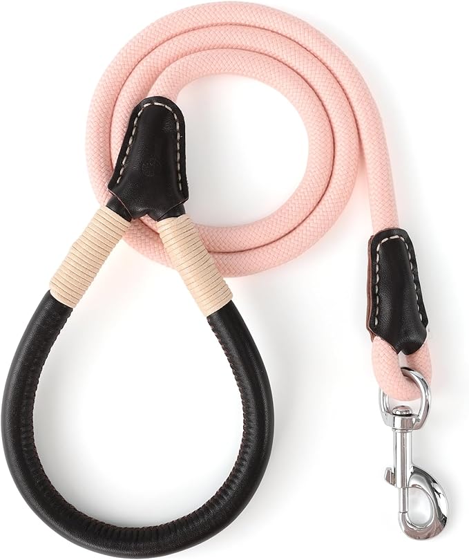 Mile High Life Genuine Leather Wrapped Handle Dog Leash, w Heavy Duty Clasp Rope Leash for Small Medium Large Dogs (Pink, 4FT)