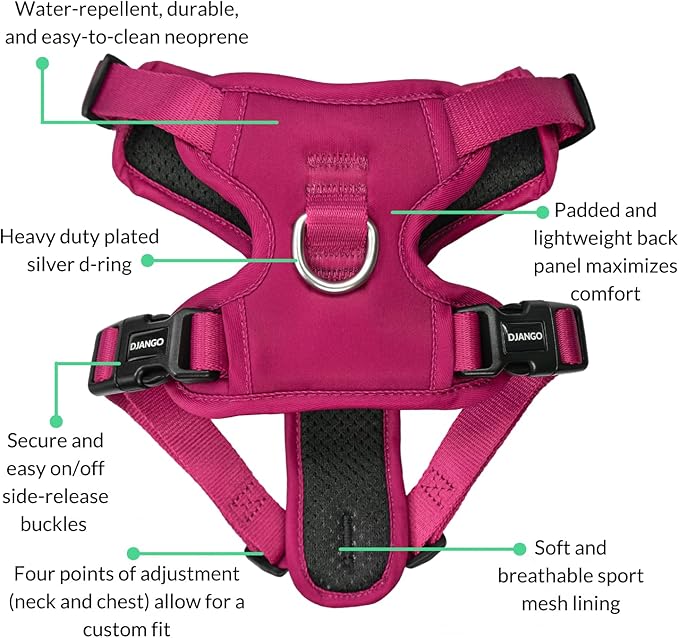 DJANGO Tahoe No Pull Dog Harness – Escape-Proof Dog Harness for Medium & Large Dogs w/Front & Back Clips for Everyday Use – Adjustable, Padded, Reflective, Secure, Easy On/Off – Hibiscus Pink, Large