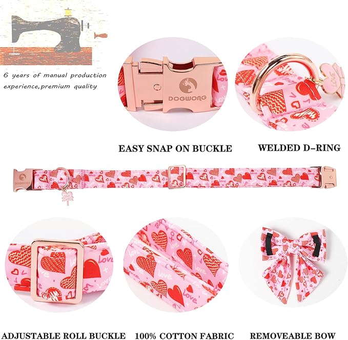 DOGWONG Valentine's Day Dog Collar with Bow Tie - Adorable Pet Collar Red Hearts with Rose Gold Buckle for Large Medium Small Dog Walking, M