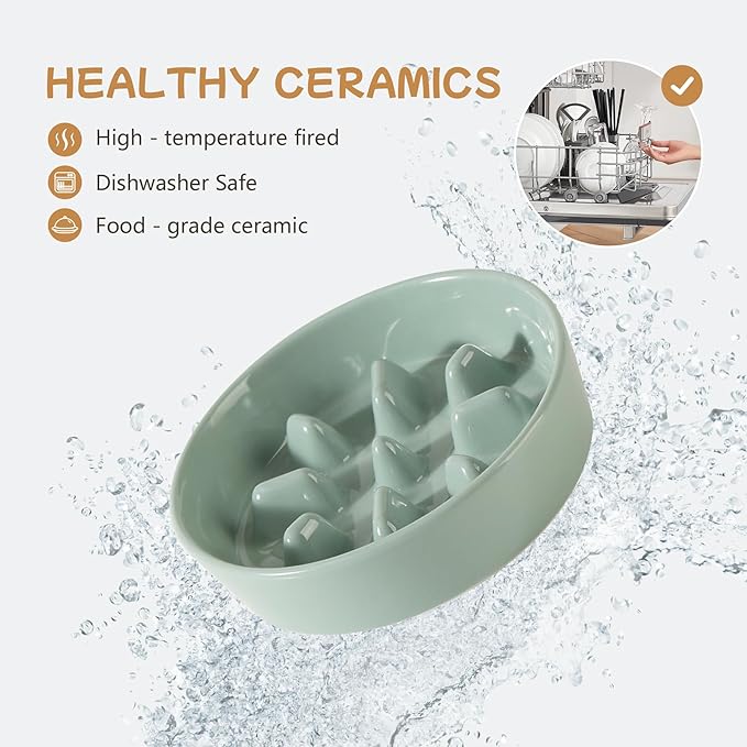 Ceramic 0.9 Cup Raised Slow Feeder Dog Bowl Set, Elevated 6.1inch Slow Dish and 6.1inch Water Bowl with Wooden Stand for Small Dogs (2 x Light Green+ Stand)