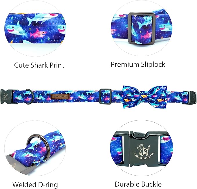 Elegant little tail Dog Collar- Cute Shark Dog Collar with Bow for Large Dogs, Male Adjustable Cotton Summer Pet Holiday Puppy Collar for Small Medium Large Dogs