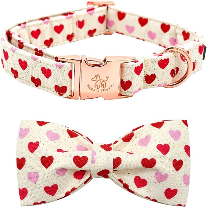 Elegant little tail Valentine's Dog Collar, Heart Dog Collar Cute Girl or Boy Puppy Collars Bowtie Pet Gift Adjustable Pet Collars for X-Small Dogs