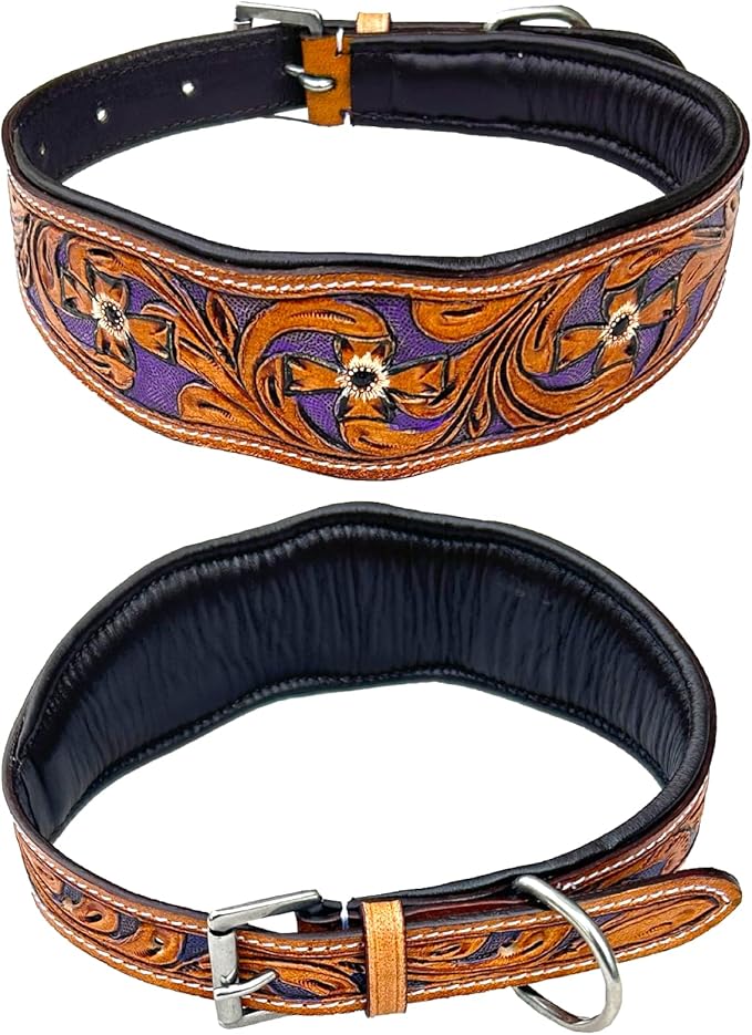 Majestic Ally Leather Dog Collar with Adjustable, Padded Fit for Walking, Hiking, and Running, Designer Western Wear for Puppies, Fancy Colors (Purple - Natural, Small)