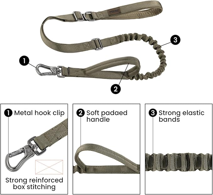 EXCELLENT ELITE SPANKER Tactical Dog Leash Heavy Duty 5-6FT Adjustable No Pull Military Bungee Dog Leash Elastic Leads Rope with 2 Padded Control Handle for Medium Large X-Large Dogs(Ranger Green)