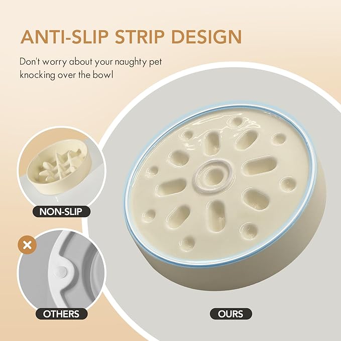 Ceramic 1.2 Cup Dog Raised Slow Feeder Set, Elevated Bowl with Wooden Stand for Medium and Small Dog, 7.3inch Slow Feeder Dish for Fast Easters (Beige, Single Bowl+ Stand)
