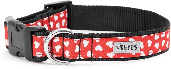THE WORTHY DOG Adjustable Holiday Dog Collar for Medium Dogs, Durable Nylon Webbing, Quick Release Buckle, Be Mine Hearts Valentine's Day Pattern, Red, Medium