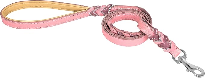 Riparo Leather Dog Leash 6ft with 2 Handles Padded Traffic Handle for Extra Control, Leather Dog Leashes for Large Breed Dogs Training Walking Heavy Duty Leashes for Dogs (Pink, L: 3/4" x6ft)