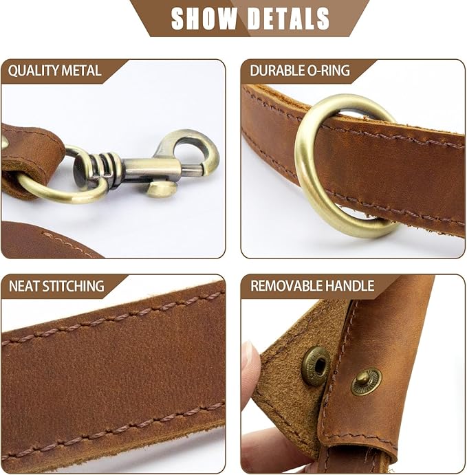 Jack&Chris Leather Dog Leash, Durable Dog Leashes for Large Dogs Heavy Duty with Comfortable Padded Handle for Small Medium Large Breed Puppies, Slip Leads for Dogs for Walking Running, Brown