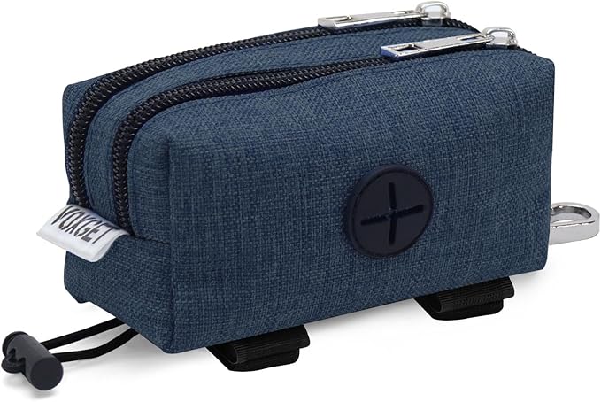 Dog Poop Bag Holder for Leashes, Puppy Treat Pounch Carrier with 2 Zipper Pockets and Clip for Pets Training, Dog Waste Bag Dispenser with 1 Roll Poop Bags for Walking Accessories (Navy Blue)