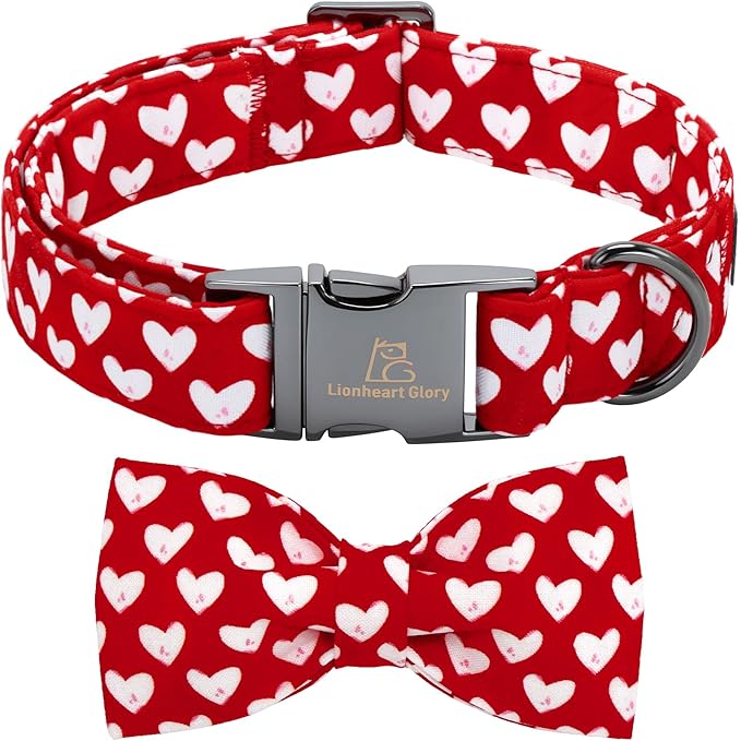 Lionheart glory Dog Bow Collar - Valentine's Day Dog Collar with Bowtie Red Heart Collars Soft Adjustable for Largr Dogs Puppy Spring Holiday Collars