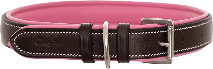 Exion Geniun Leather Dog Collar Designer Stitched Soft Leather Padded- Suitable for Small Medium Large X-Large Dogs for Walking Running- Havana with Pink Padding