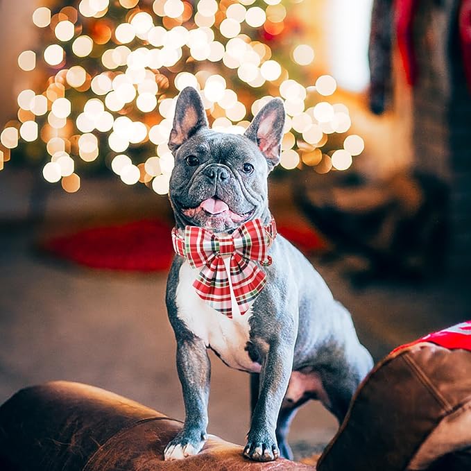 DOGWONG Christmas Dog Collar with Bow Tie - Christmas Red Plaid Puppy Collar, Adjustable Red Grid Dog Collars for Girl Boy Dogs, XS