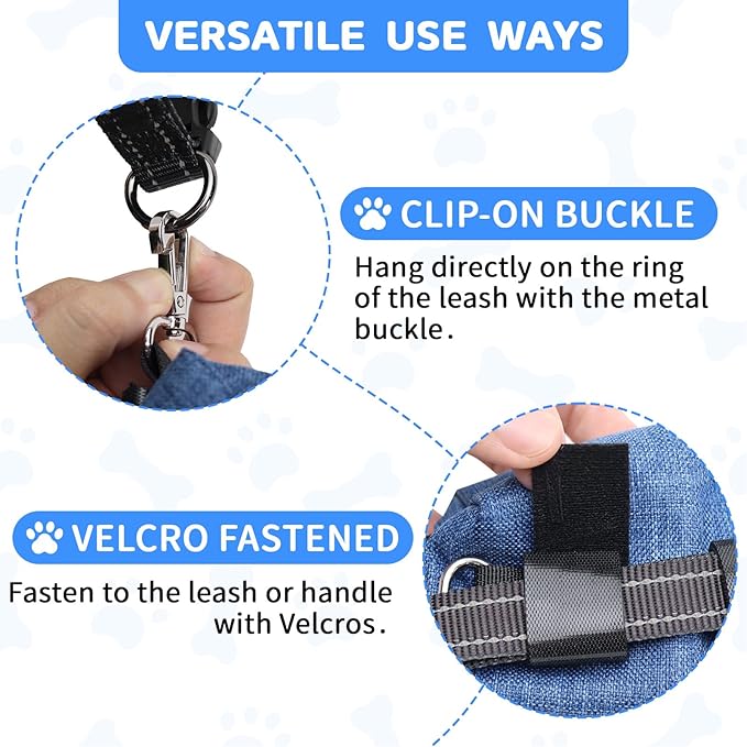 Dog Poop Bag Holder for Leashes, Puppy Treat Pounch Carrier with 2 Zipper Pockets and Clip for Pets Training, Dog Waste Bag Dispenser with 1 Roll Poop Bags for Walking Accessories (Blue)