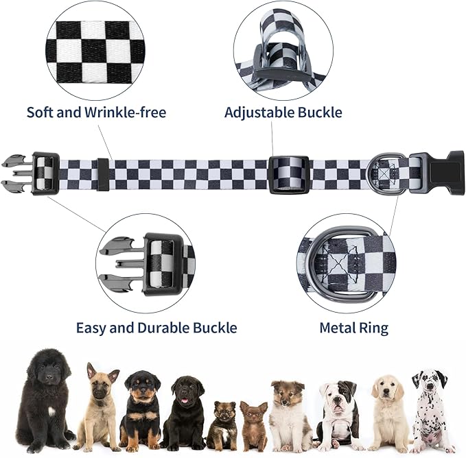 Dog Collar Adjustable Puppy Collar for Small Medium Large Dogs, Nylon Safety Collars with Leopard Print Night Visibility, Plaid S