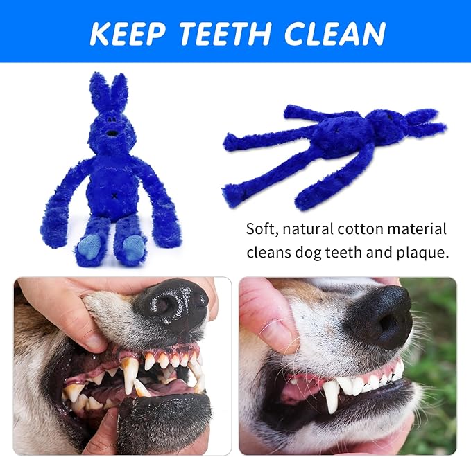 Floppy Rabbit Squeaky Dog Toys - Interactive Crinkle Plush Bunny Toy for Small and Medium Dogs, Enrichment Toy for Puppies, Tug-of-War, Cute and Soft (Blue)