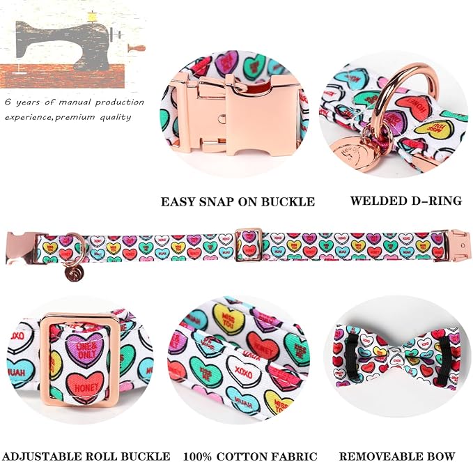 DOGWONG Valentine's Dog Collar with Bow tie, Adjustable Durable Pink Heart Dog Collar Cute Dog Collar for Small Medium Dogs