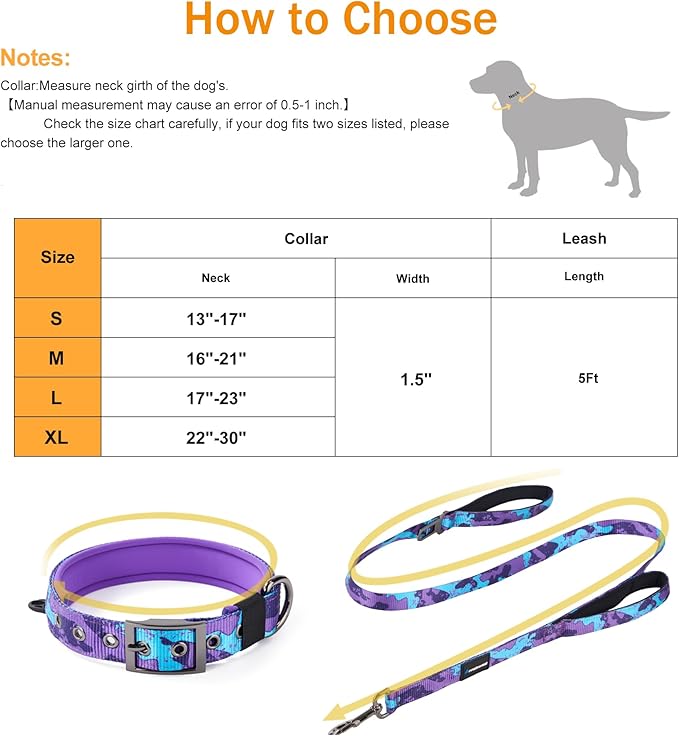 Annchwool Adjustable Dog Collar and 5 FT Leash Set with Heavy Duty Metal Buckle–Comfortable Lining Collar & Dual-Handles for Medium Large Dogs Walking, Running,Car Travel (Camo Purple Set,M:16''-21'')