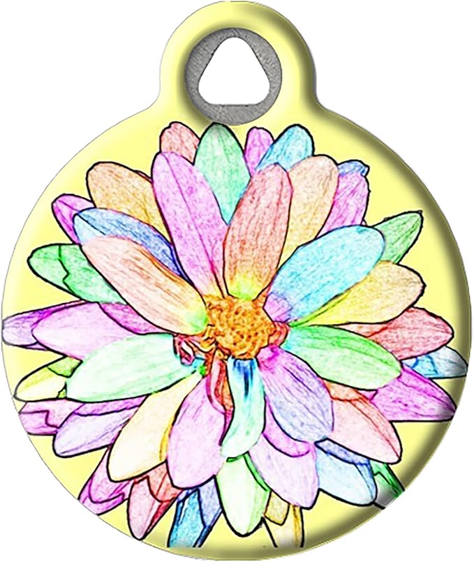 Dog Tag Art Sketched Flower Personalized Pet ID Tag for Dogs and Cats, Silent Polymer Coated Stainless Steel Nametag with Customized Identification Information - Large 1.25" Diameter