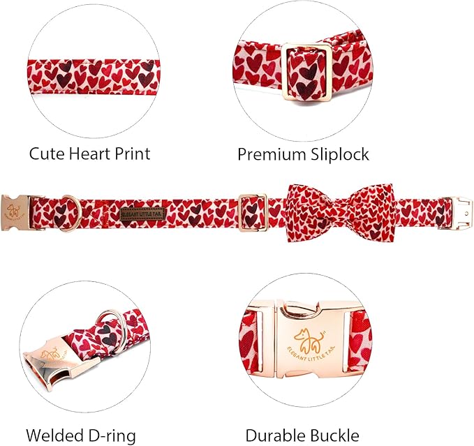 Elegant little tail Valentine's Dog Collar, Cute Red Heart Pet Collars with Bow for Small Dogs, Female or Male Adjustable Cotton Pet Collars Holiday Puppy Collar for Small Medium Large Dogs
