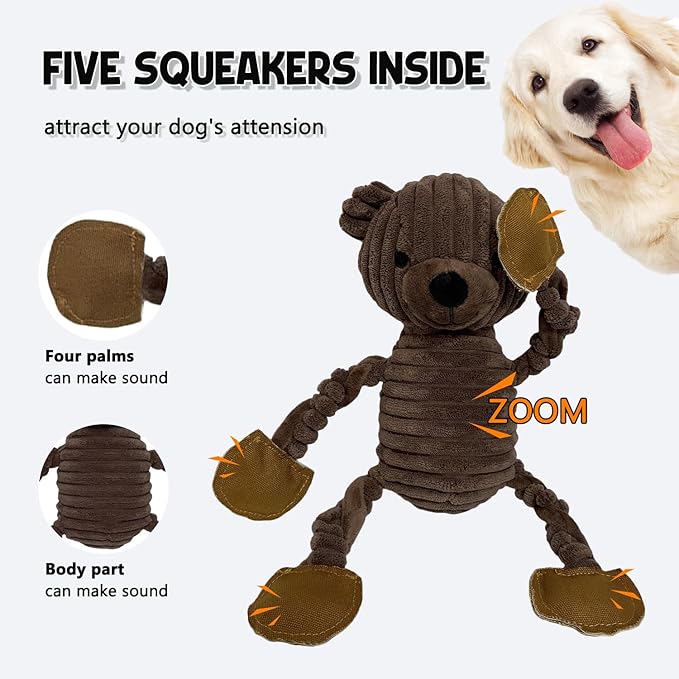 LWBMG Squeaky Dog Toys, Tug of War Dog Toys to Keep Them Busy, Stuffed Animal Dog Plush Toy for Puppy Small, Middle, Large Dogs, Cute Bear Interactive Doggie Toy Coffee