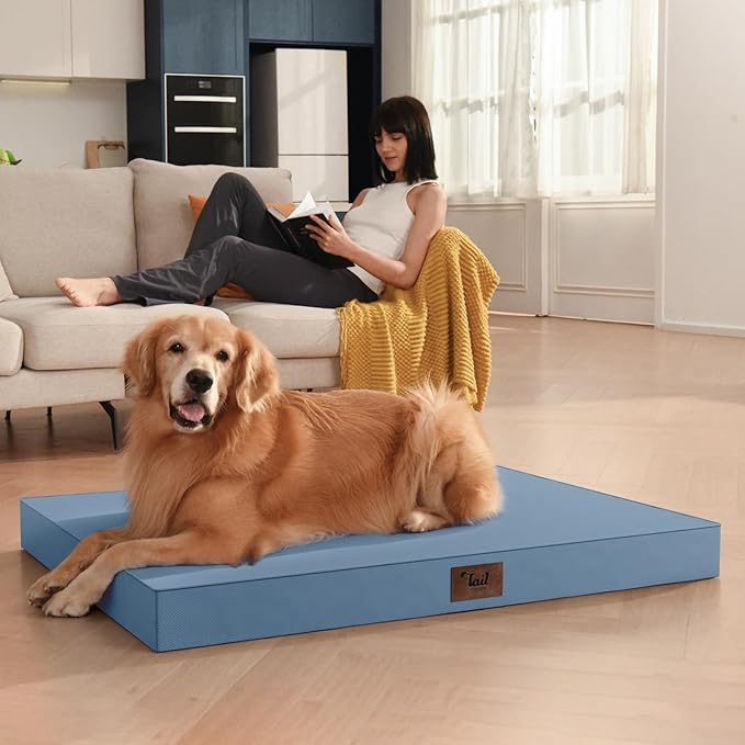 Large Outdoor All Weather Dog Bed, Waterproof Pet Bed for Large Dogs, Orthopedic Egg Crate Foam with Washable Removable Oxford Cooling Cover, 36x27 Inch, Blue