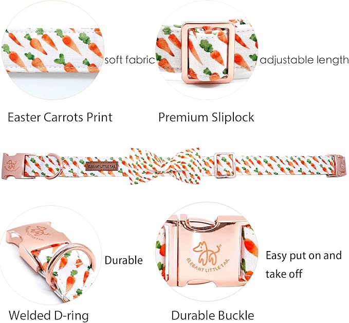 Elegant little tail Easter Dog Collar, Carrots Pet Collar with Bowtie Cute Pink Pet Bow Puppy Collars Adjustable Dog Collars for Medium Dogs