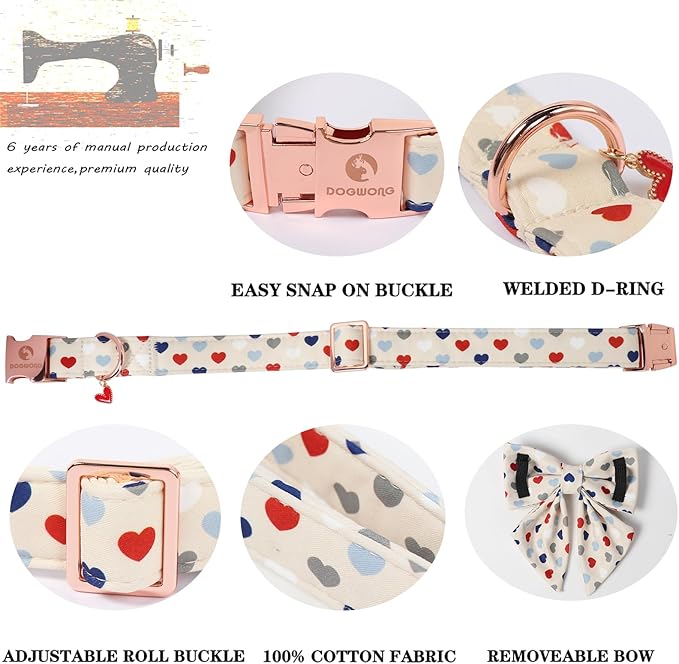 DOGWONG Dog Bow Collar Valentine's Day Dog Collar -Hearts Print Dog Collar with Bowtie Spring Dog Collars Pet Collar Bows Cute Collars,XS