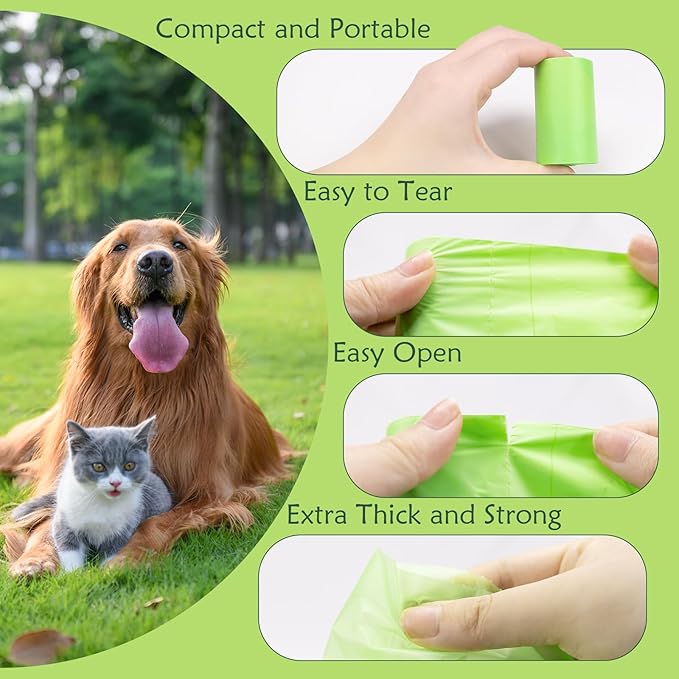 Loveishere 100% Compostable & Biodegradable Poop Bags (Green), Certified by ASTM D6400 and EN 13432, 20 Micron Thick, Guaranteed Leak Proof (360 Bags, 24 Rolls)