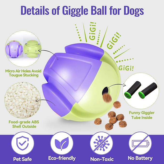 Giggle Ball, Interactive Dog Toy, Giggling Sounds When Rolled or Shaken, ABS Dogs Puzzles Feeder Slow Feeding for/Small/Medium/Large Dogs Purple-Green