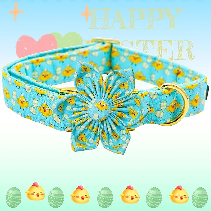 Elegant little tail Easter Dog Collar, Chicken Eggs Dog Collar with Flower Blue Boy Girl Pet Gift Puppy Flowers Adjustable Pet Collars for Small Dogs
