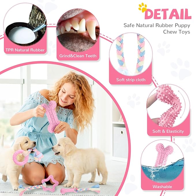 BAEJMJK 6 Pack Puppy Teething Toys Pink Small Breed Dog Chew Toys with Rope Cute Soft Rubber Puppy Toys Set for Cleaning Teeth Interactive Pet Doggy Bone Toys
