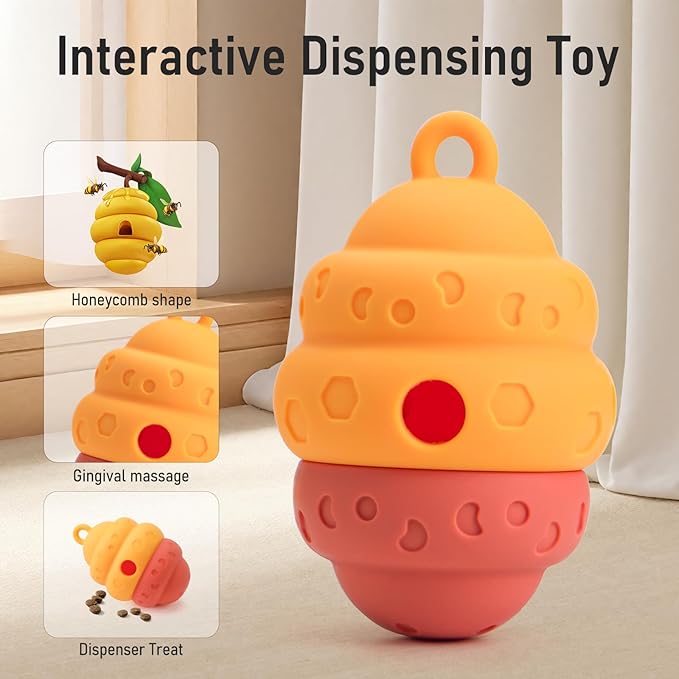 Dog Treat Dispensing Toy - Silicone Puppy Food Dispenser for Small Medium Dogs Puzzle Feeder Ball Interactive Toys & Enrichment Mental Stimulation Topple Outdoor Training Travel Honeycomb Yellow