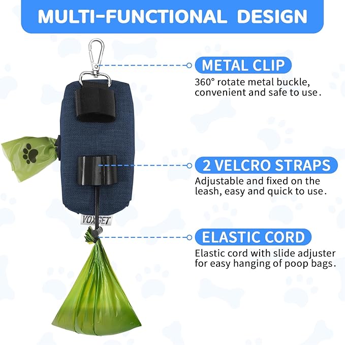 Dog Poop Bag Holder for Leashes, Puppy Treat Pounch Carrier with 2 Zipper Pockets and Clip for Pets Training, Dog Waste Bag Dispenser with 1 Roll Poop Bags for Walking Accessories (Navy Blue)