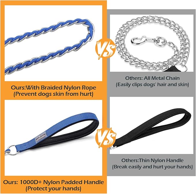 Chain Dog Leash Chew Proof Metal Leash for Medium Large Dogs, Chain Link Dog Anti Chew 5.2FT / 4FT Strong Anti Bite Comfortable Soft Padded Handle (Blue, 5FT(30-80lb)